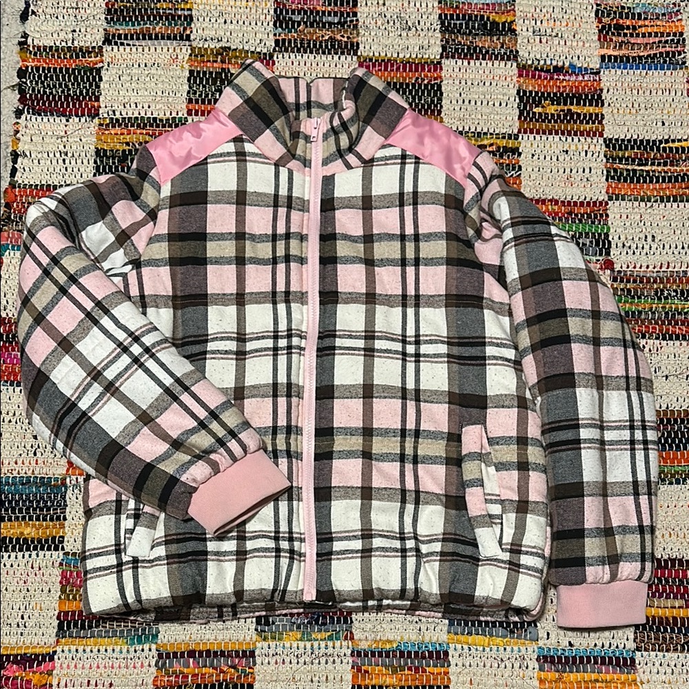Pink plaid puffer jacket